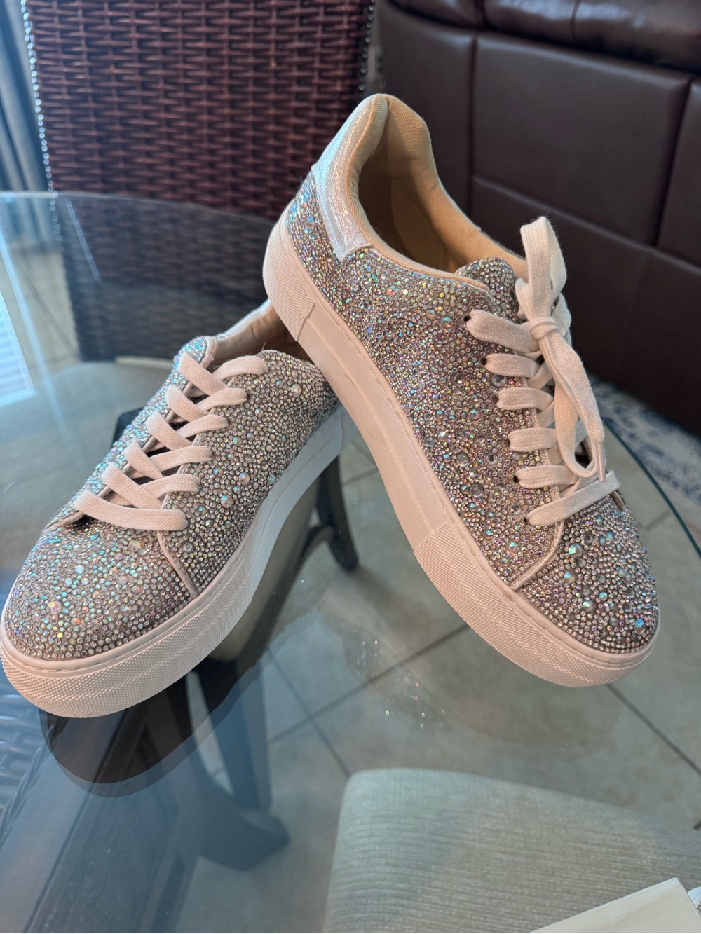 Betsey Johnson White Sequin Crystal-Embellished Platform Sneakers New w/ out box